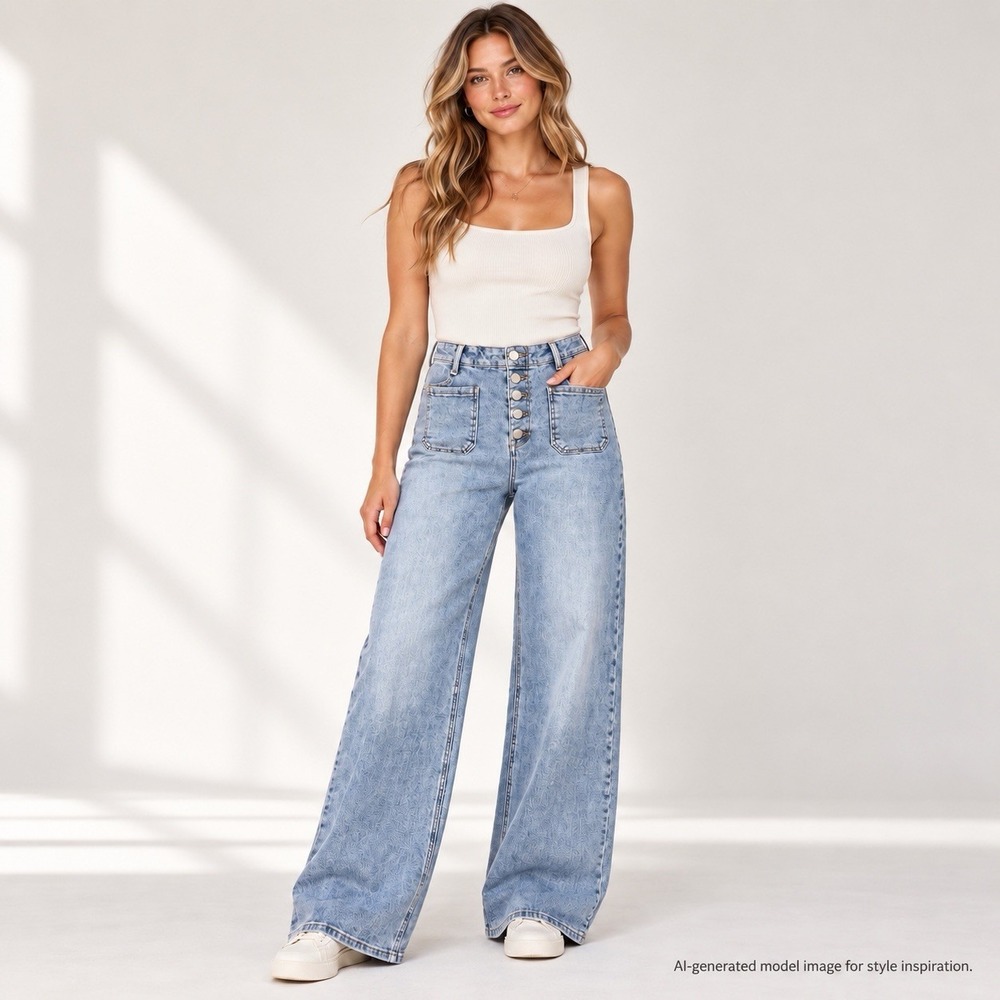 RISEN Jeans Women's 13/31 High Rise Wide Leg Button Fly Light Wash Denim